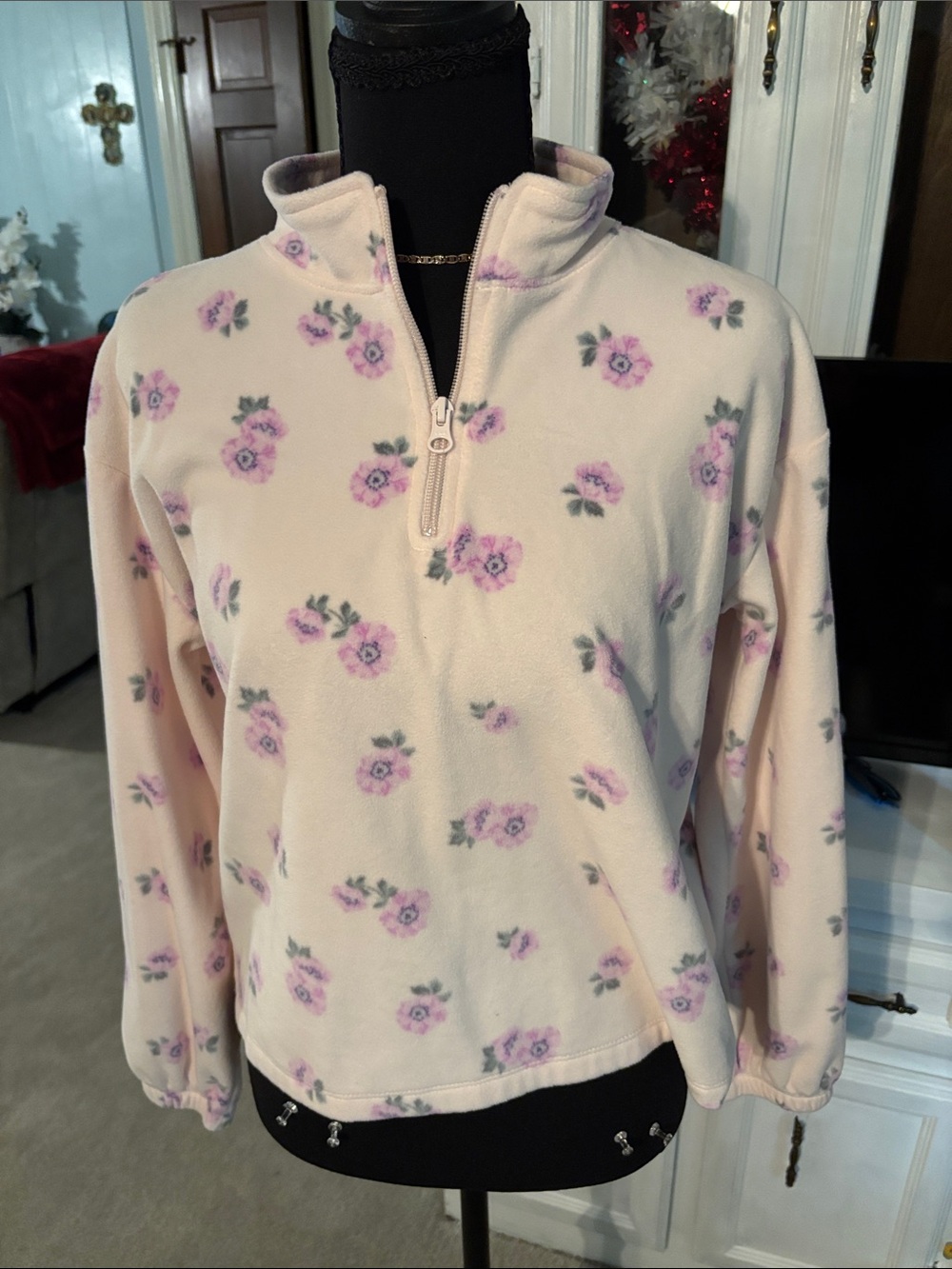 Childre’ns Place - Cream Pink Floral Quarter-Zip Fleece Top